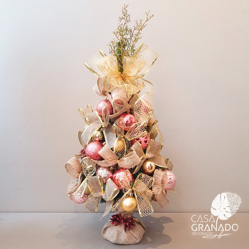 Árvore De Natal Completa Decorada Dourada Pronta P Uso 70cm - R$ 600,88